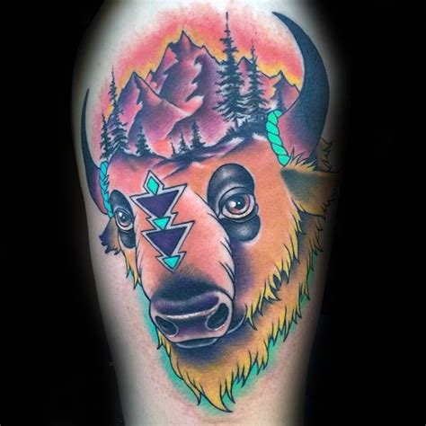 Modern traditional style colored shoulder tattoo of grunting ox with ...