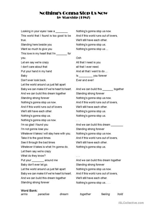 Nothing's Gonna Stop Us Now warmer,…: English ESL worksheets pdf & doc