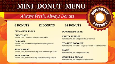 Mini Donut Factory. We offer an ever-evolving menu of freshly baked mini donuts with an ...