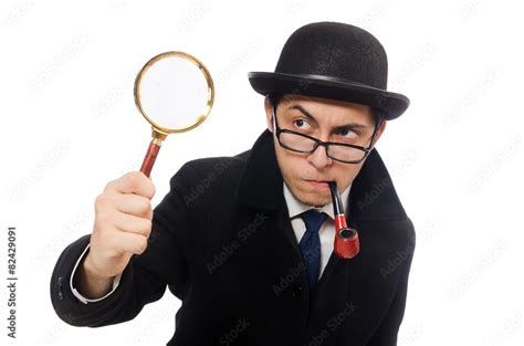 Sherlock Holmes with magnifying glass isolated on white Stock Photo | Adobe Stock