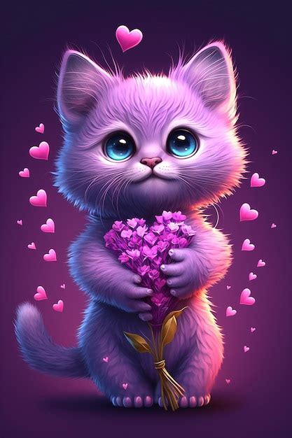 Premium AI Image | Illustration of cute purple kitten holding bouquet ...