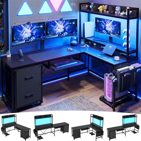 Ivinta Furniture Computer Desk Gaming Reversible Black L-Shaped Corner Desk with Keyboard Tray ...