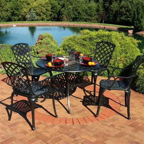 Sunnydaze Outdoor Patio Furniture Dining Set, 4 Metal Chairs and Round Table, Durable Cast ...