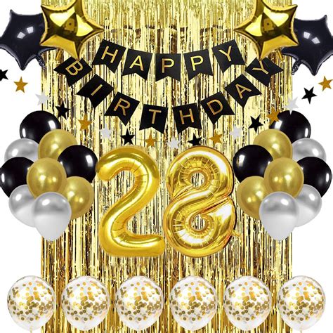 Buy 28th Birthday Decorations Black and Gold, Happy Birthday Banner, Number 28 Birthday Balloons ...