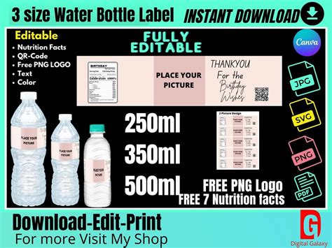 Water Bottle Labels Template, Water Bottle Labels, Water Bottle Template, Water Bottle ...