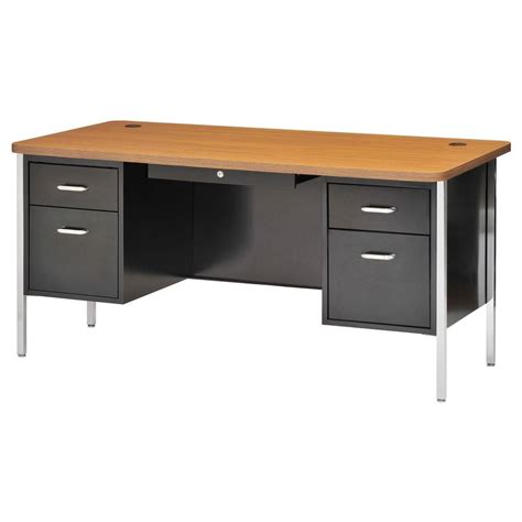 Sandusky 600 Series Double Pedestal Steel Desk in Black/Medium Oak-DQ6030-BO - The Home Depot