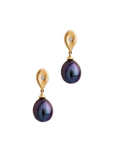 14k gold teardrop diamond and black pearl earrings by Thomas Laine | Finematter