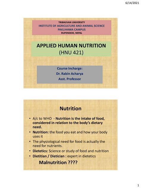 HNU Lecture 1-3 - ........... - APPLIED HUMAN NUTRITION (HNU 421 ...