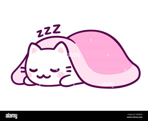 Cute cartoon white cat sleeping under pink blanket. Adorable kawaii kitten hand drawn doodle ...