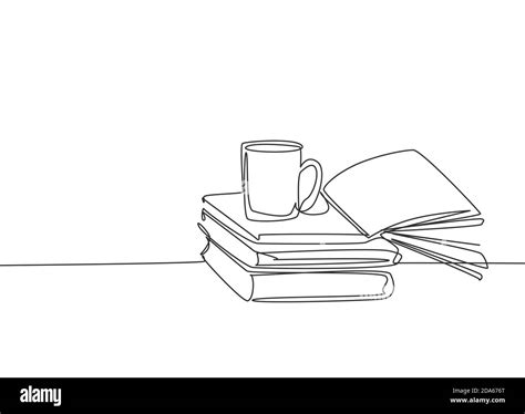 Single continuous line drawing of stack of books with a mug of coffee ...