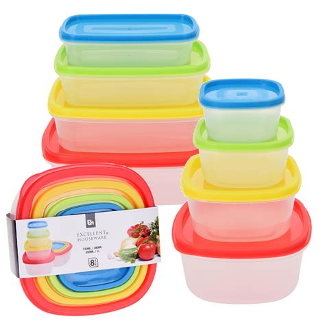 8 Pcs Stackable Nesting Food Storage Containers Coloured Lid Plastic ...