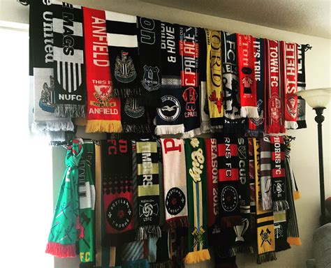 Soccer scarf display using curtain rods from Walmart. | Scarf display ...