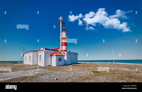 View of Punta Delgada lighthouse, Strait of Magellan, along the scenic route from Punta Arenas ...