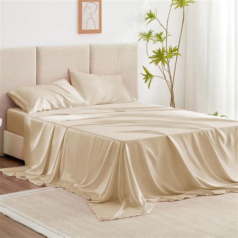 Amazon.com: Love's cabin Satin Queen Sheets Set - 4 Piece Beige Silky ...