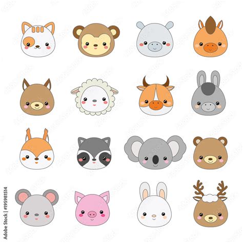 Cute animals faces. Big set of cartoon kawaii wildlife and farm animals icons Stock Vector ...