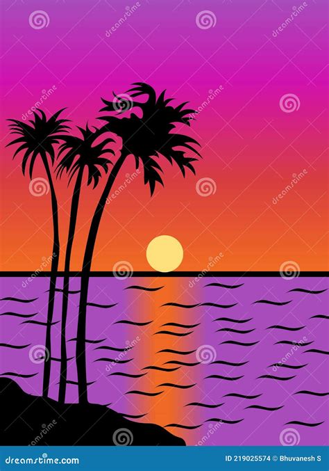 Nature Drawing of Sunset with River and Palm Trees Stock Vector - Illustration of foliage ...