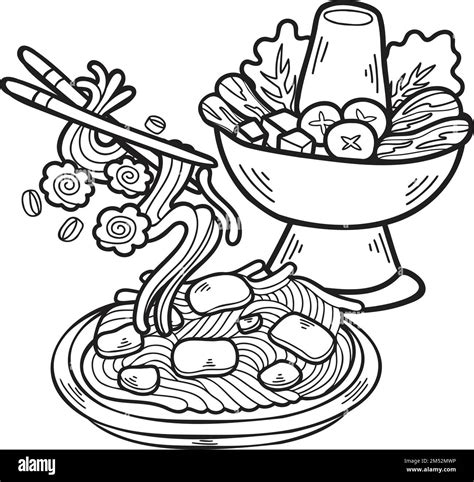 Hand Drawn Hot Pot and Noodles Chinese and Japanese food illustration isolated on background ...