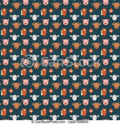 Seamless pattern pixel art farm animals. | CanStock