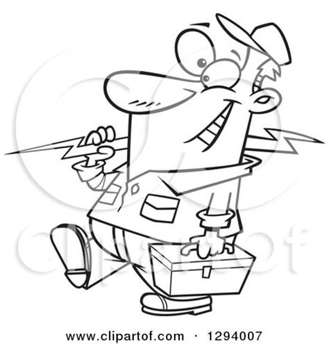 Black and White Cartoon Happy Male Electrician Walking with a Bolt and Tool Box Posters, Art ...