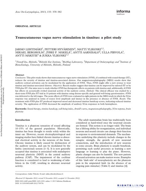 (PDF) Transcutaneous vagus nerve stimulation in tinnitus: A pilot study