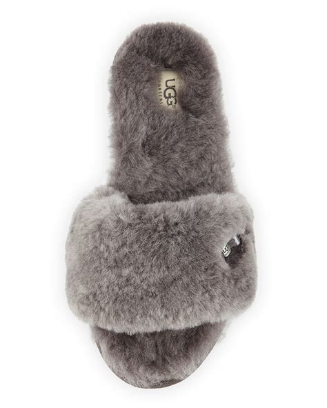 UGG Fluff Shearling Fur Slide Slipper in Grey (Gray) - Lyst