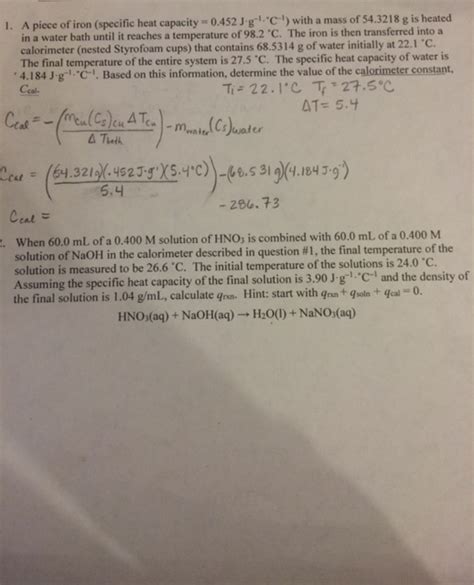 Solved A piece of iron (specific heat capacity = 0.452 J. g | Chegg.com