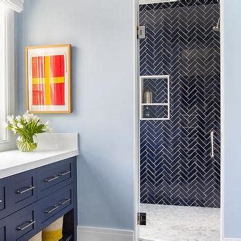 Cobalt Blue Chevron Wall Tiles with Porthole Mirror - Transitional - Bathroom