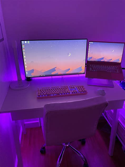 My pink and purple set up! Any thoughts? Gaming Desk Setup, Computer Gaming Room, Gamer Setup ...