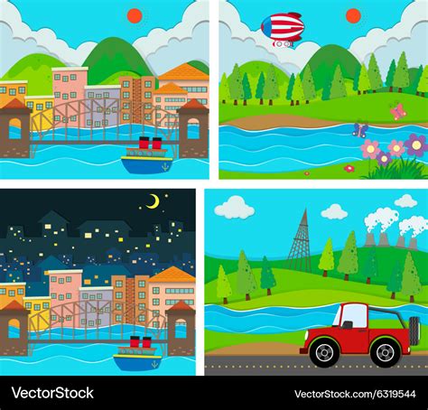 Four scene of rural and urban area Royalty Free Vector Image