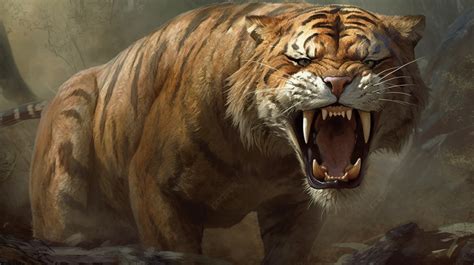 This Illustration Shows A Tiger Attacking In The Woods Background, Saber Toothed Tiger Pictures ...