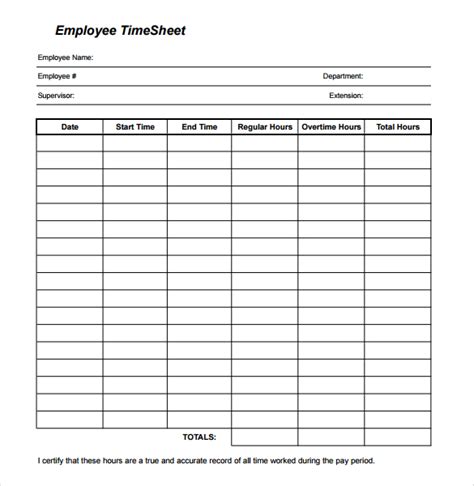 Printable Monthly Timesheet Template