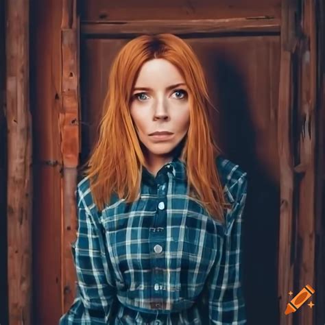 Fashion portrait of a woman peeking through a barn door on Craiyon