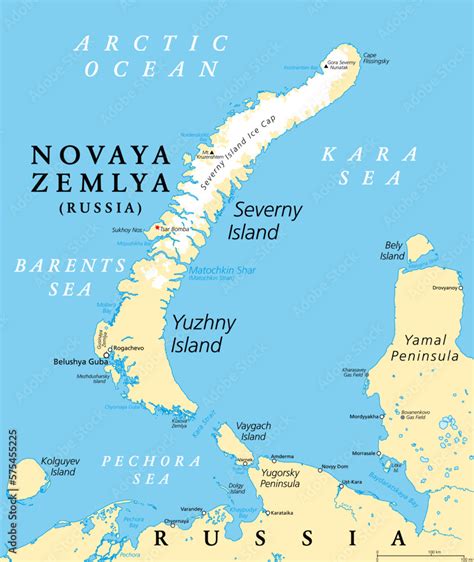 Novaya Zemlya, archipelago in northern Russia, political map. Situated ...