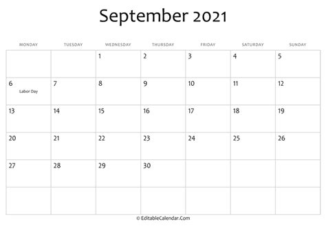 September 2021 Printable Calendar with Holidays