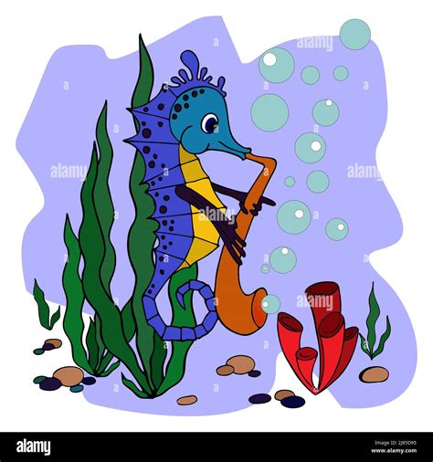 cute illustration for children's seahorse playing the saxophone, fabulous outline drawing, color ...