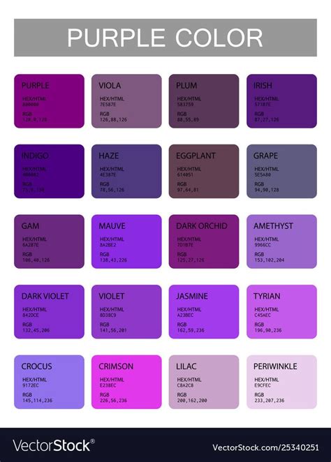 Purple. Color codes and names. Selection of colors for design, interior or illustration. Poster ...