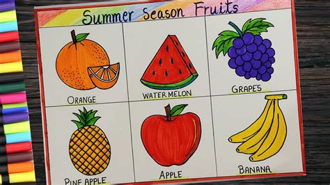 Summer season fruits easy drawing l How to draw summer season fruits chart for school project ...