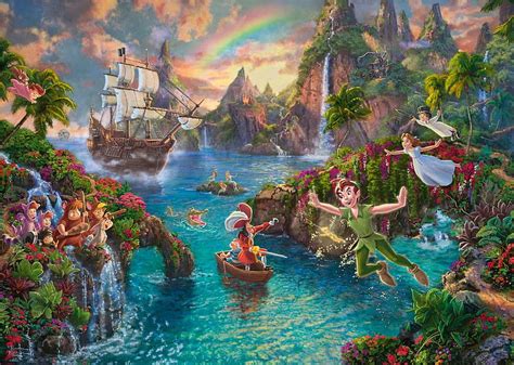Peter Pan, art, fantasy, painting, pictura, thomas kinkade, fairy, disney, ship, HD wallpaper ...