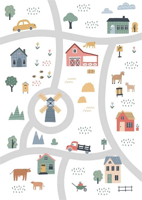 Cute Village Map with farm houses, cars, animals and windmill for kids ...