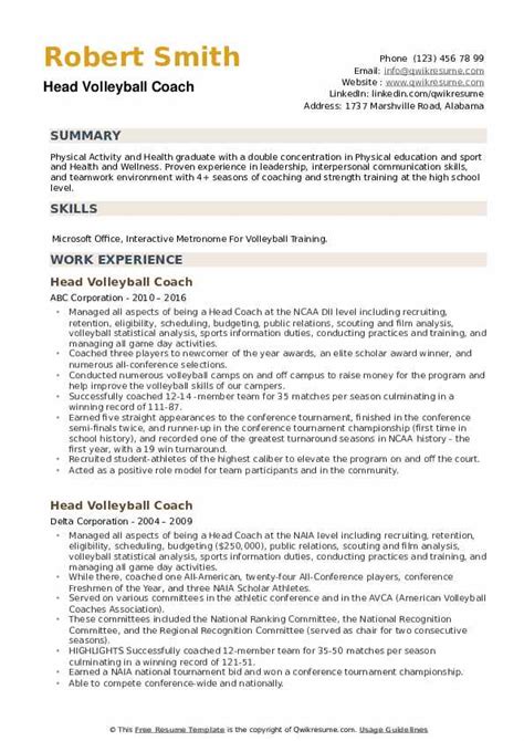 Head Volleyball Coach Resume Samples | QwikResume