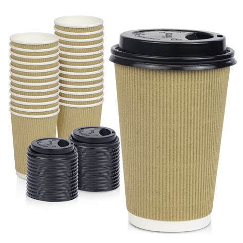 [50 Pack] Disposable Hot Cups with Lids - 16 oz Brown Double Wall Insulated Ripple Sleeves ...