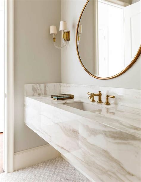 White and Gold Bathroom with Marble Floating Vanity - Contemporary - Bathroom