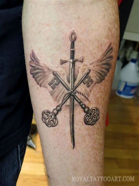 Realistic Wings, Keys Sword Tattoo A Tattoo, Sword Tattoo, Key Tattoos, Wing Tattoo, Badass ...