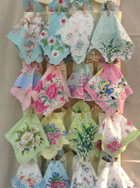 Hankies hung hung with little clothespins on a pocket shoe holder | Vintage handkerchiefs crafts ...