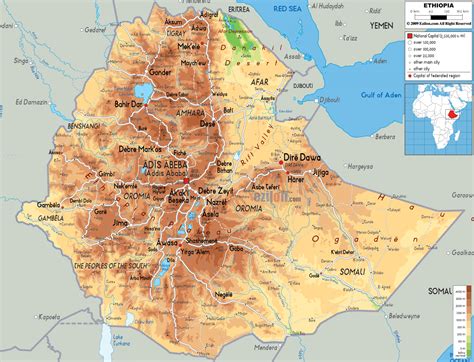 Large physical map of Ethiopia with roads, cities and airports | Ethiopia | Africa | Mapsland ...
