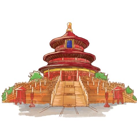 Temple Of Heaven PNG Image, Red Watercolor Architecture Of The Temple ...