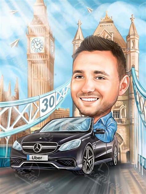 a caricature of a man driving in front of a bridge and clock tower