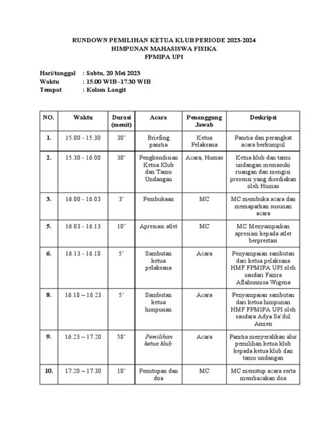 Rundown Pemilihan Ketua Klub 2023 | PDF