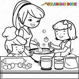 Mother And Children cooking In The kitchen At Home Vector Black  sketch template