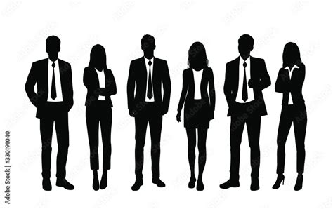 Vector silhouettes of men and a women, a group of standing business people, black and white ...